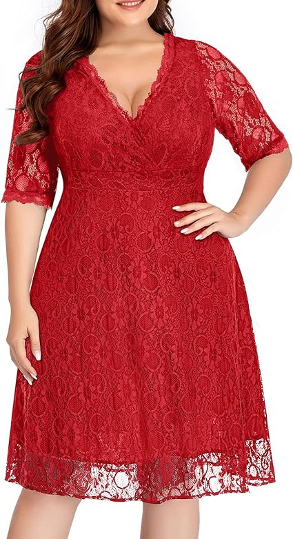 Photo 1 of Size 16W Women's Plus Size Wedding Guest Cocktail Party Semi Formal Lace Wrap V Neck Knee Length Dress
