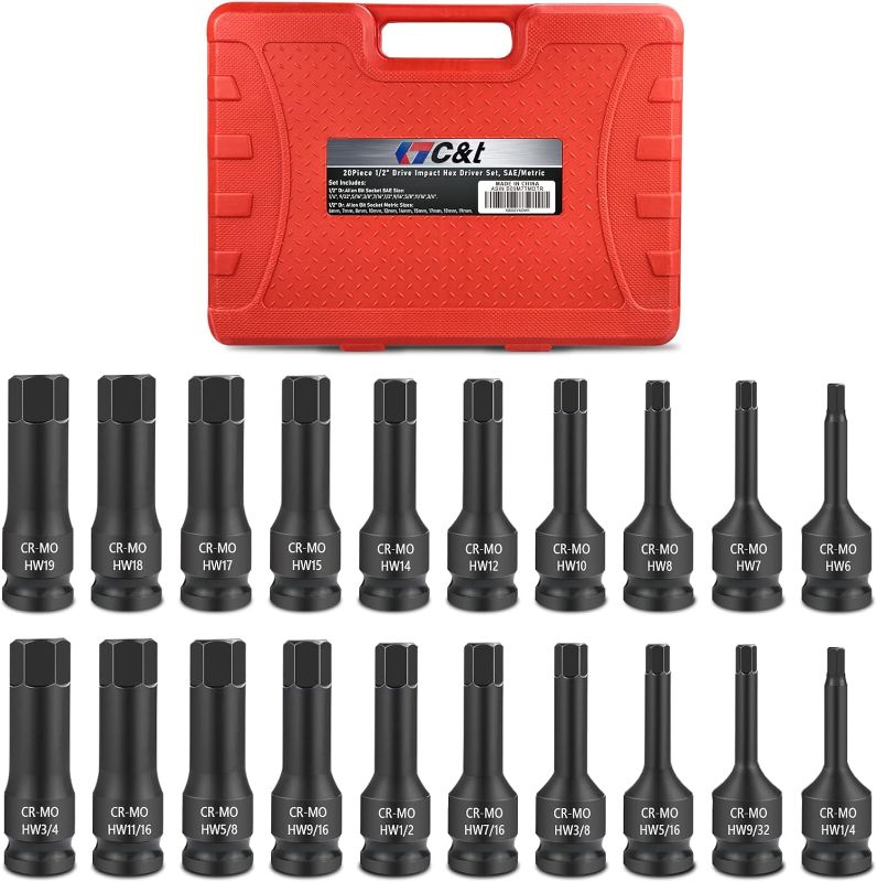 Photo 2 of C&T 20 Piece 1/2" Drive Master Impact Hex Driver Set, SAE Metric Hex Head Impact Driver Bit Set 1/4" - 3/4", 6mm - 19mm, Cr-Mo Steel Drive Allen Bit Socket Set with Dual Size Markings and Storage Case
