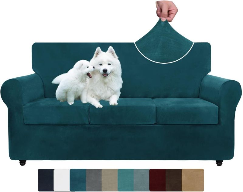 Photo 1 of Luxury Velvet Couch Cover 4 Piece Stretch Sofa Covers for 3 Cushion Couch Soft Spandex Sofa Slipcover Living Room Anti Slip Dogs Pet Furniture Protector (Deep Teal), 71"-91"(3 Cushions)
