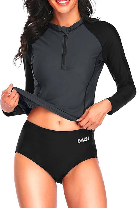 Photo 1 of (L) Daci Women Rash Guard Long Sleeve Zipper Bathing Suit Top with Built in Bra Swimsuit UPF 50 - no bottom