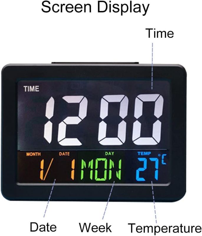 Photo 2 of LCD Digital Alarm Clock, Color Large Screen with Snooze Function Temperature Week Date Time Simple Battery Supply for Outdoor Students Living Room
