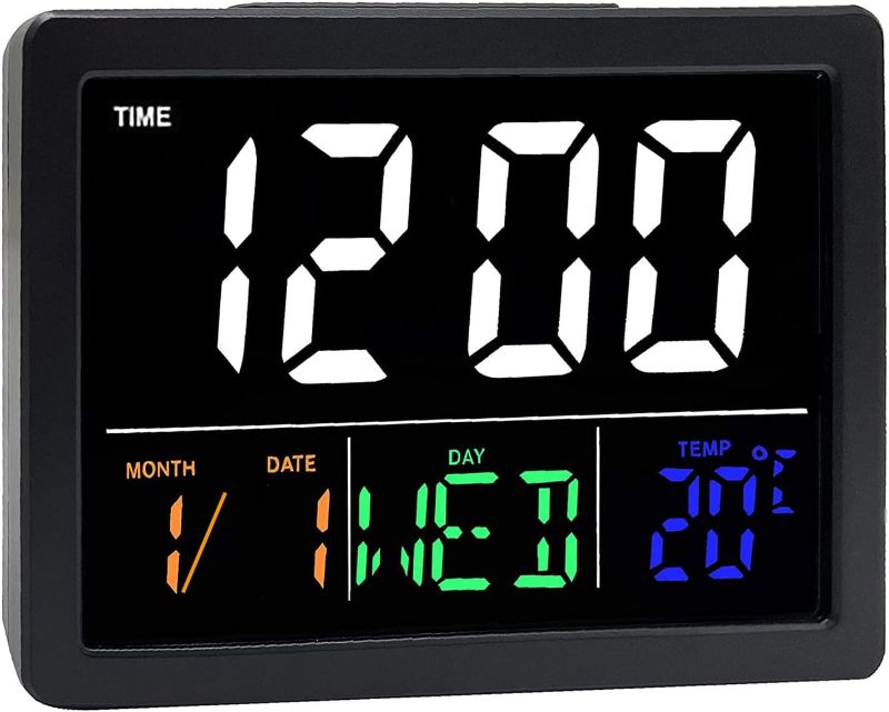 Photo 1 of LCD Digital Alarm Clock, Color Large Screen with Snooze Function Temperature Week Date Time Simple Battery Supply for Outdoor Students Living Room
