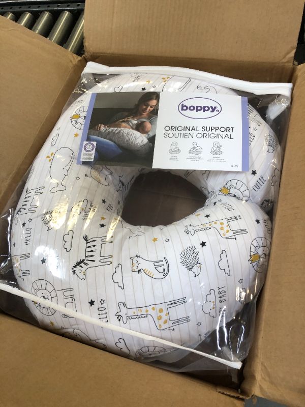 Photo 2 of Boppy Nursing Pillow and Positioner - Original, Notebook Black and White with Gold Animals, Breastfeeding, Bottle Feeding, Baby Support, with Removable Cotton Blend Cover, Awake-Time Support