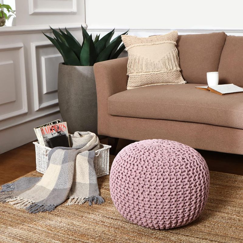 Photo 1 of REDEARTH Round Pouf Ottoman - Braided Boho Poof Home Décor Pouffe Circular Footrest for Living Room - Bedroom - Lounge - 100% Cotton (19.5"x19.5"x14") - Pale Pink
