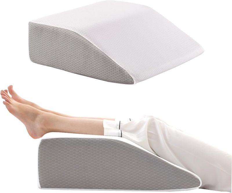 Photo 1 of Bedluxe Leg Elevation Pillows, Leg Pillows for Sleeping, Cooling Gel Memory Foam Top, Wedge Pillow for Legs, Leg Wedges for Circulation, Swelling, After Surgery - Removable Cover (10 Inch, White/Grey) Flat Top 10" Height White/Grey