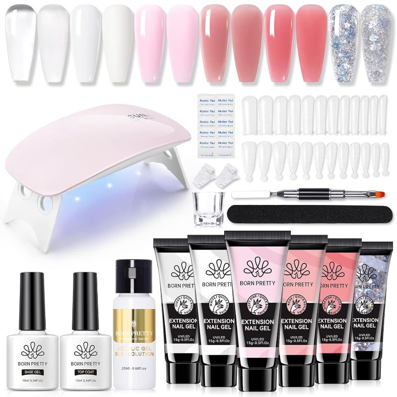 Photo 1 of BORN PRETTY Poly Nail Extension Gel Kit-6 Colors Poly Nails Gel Kit Nude Clear Jelly Pink All In One Kit Builder Glue Gel with Nail Lamp Base Top Coat Set Nail Forms French Manicure Set for Beginner Starter DIY at Home Mother's Day Gifts
