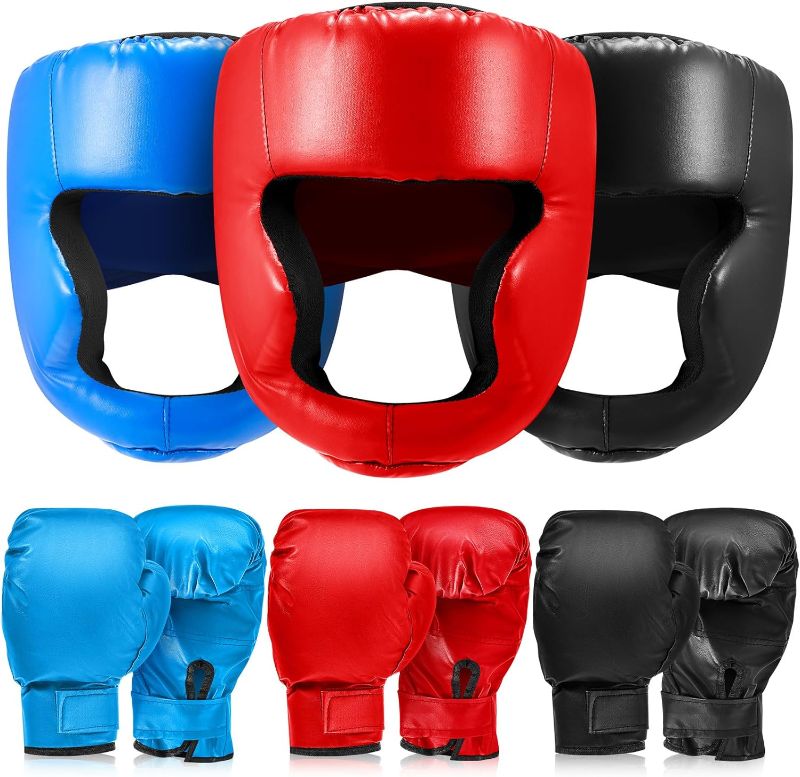 Photo 1 of 3 Pieces Boxing Headgear and 3 Pairs Boxing Gloves Set Shockproof Leather Boxing Helmet Safety Head Guard Punching Bag Gloves for Adult Men Women Youth Beginners
