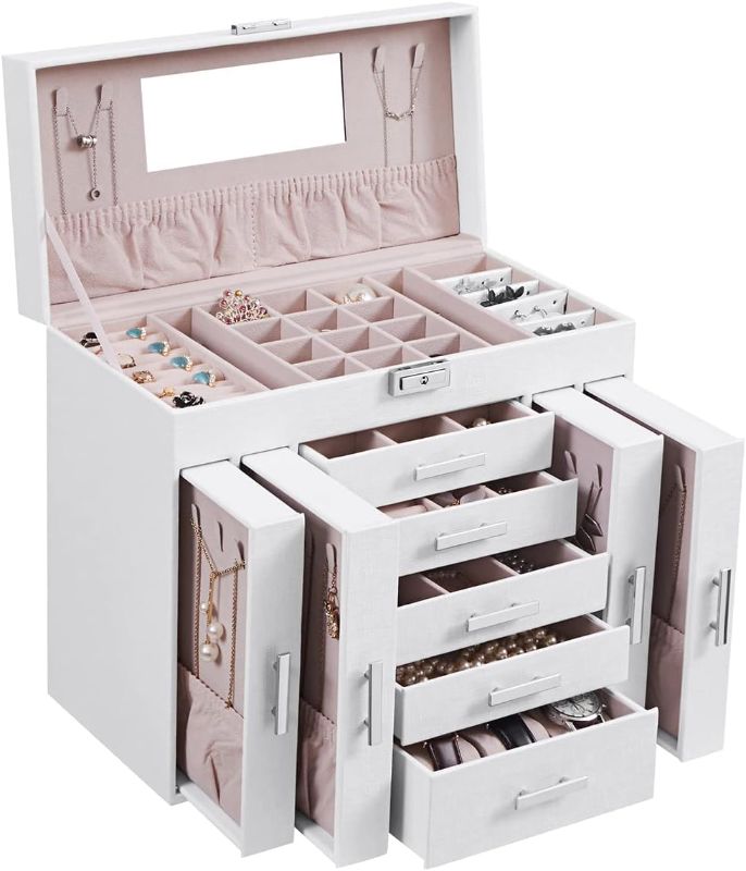 Photo 1 of ANWBROAD Huge Jewelry Box Organizer for Women with 6 Tier Large Jewelery Box Storage with Lock Mirror Jewelery Holder Box Earrings Rings Necklaces Bracelets Jewelry Chest Gift Leather White UJJB018W
