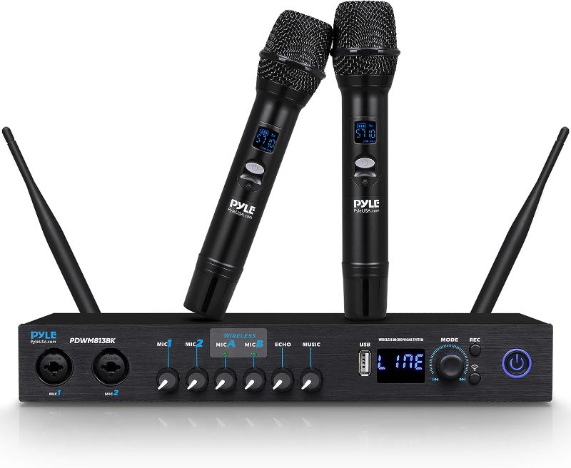 Photo 1 of Pyle UHF Wireless Microphone System - Portable Digital Audio Sound Mixer Receiver w/Bluetooth, 2 Handheld Mic, Receiver Base, Addressable Frequency, Great for Home Karaoke & Professional Use, Black