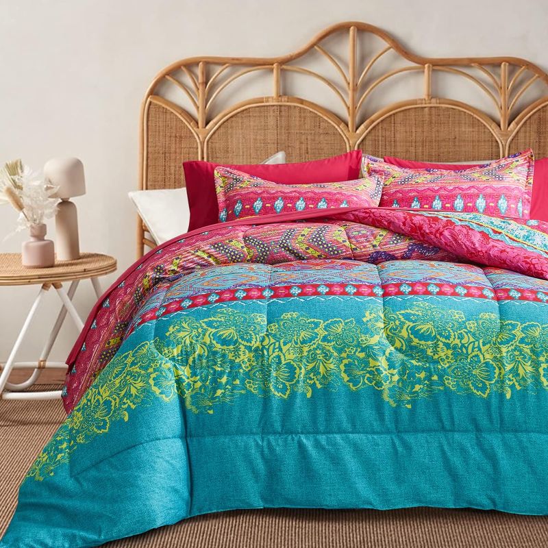 Photo 1 of Flysheep Boho Bed in a Bag 7 Pieces Queen Size, Colorful Bohemian Tribal Style Pink n Blue Floral Reversible Comforter Set (1 Comforter, 1 Flat Sheet, 1 Fitted Sheet, 2 Pillow Shams, 2 Pillowcases)
