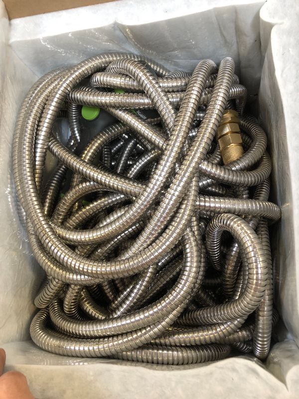 Photo 2 of 360Gadget Metal Garden Hose - 100ft Heavy Duty Stainless Steel Water Hose with 8 Function Sprayer & Metal Fittings, Flexible, Lightweight, No Kink, Puncture Proof Hose for Yard, Outdoors, Rv 100.0 Feet