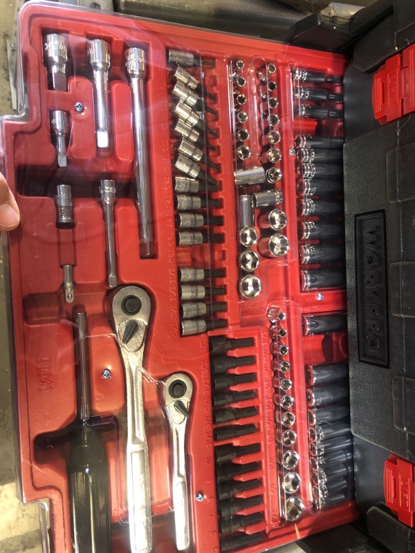 Photo 5 of WORKPRO 450-Piece Mechanics Tool Set, Universal Professional Tool Kit with Heavy Duty Case Box
missing a couple of items inside, see pictures for more details.
