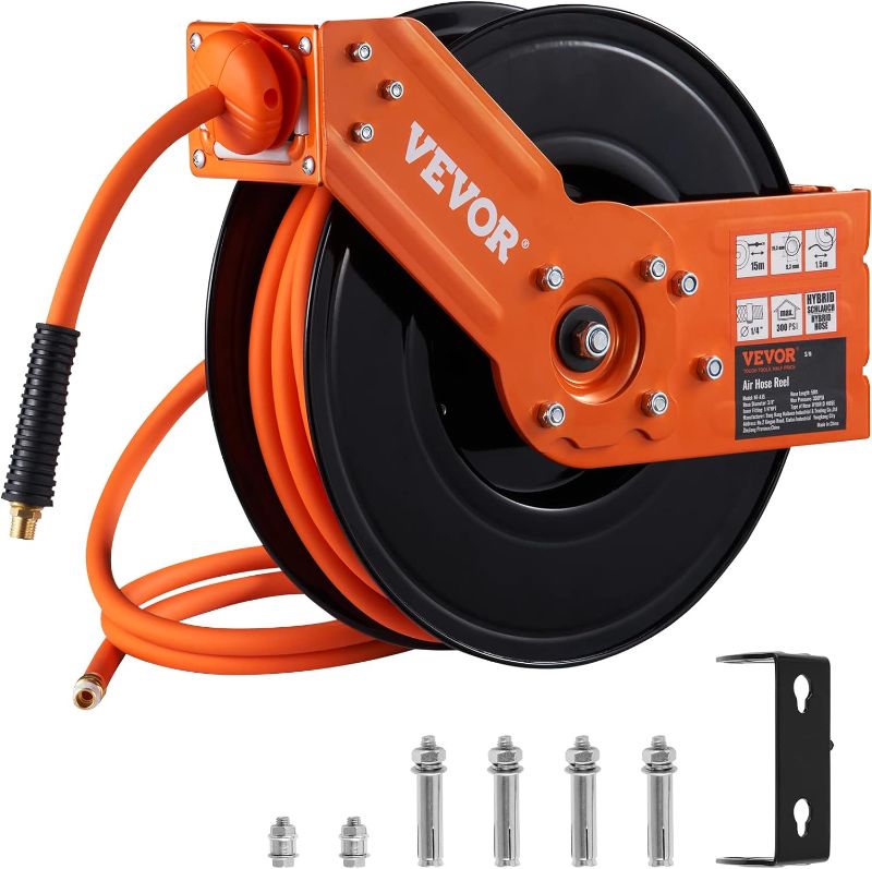 Photo 1 of VEVOR Retractable Air Hose Reel, 3/8 IN x 50 FT Hybrid Air Hose Max 300PSI, Air Compressor Hose Reel with 5 ft Lead in, Ceiling/Wall Mount Heavy Duty Double Arm Steel Reel
