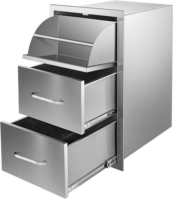 Photo 1 of VEVOR 17x30 Inch 17W x 30H x 21D Inch Outdoor Kitchen Stainless Steel Double Access Drawers with Paper Towel Holder Combo for BBQ Island or Grill Station, Silver