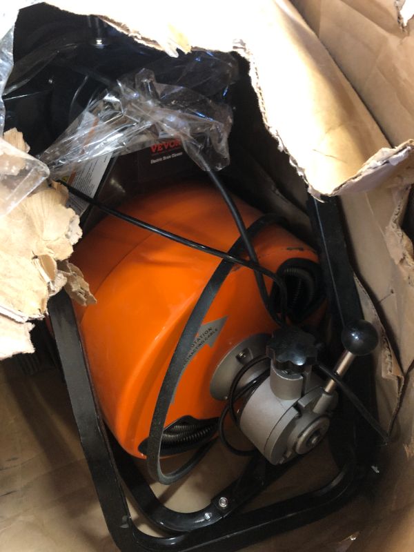 Photo 2 of VEVOR Drain Cleaner Machine 100 FT x 1/2 Inch, Sewer Auger Auto Feed with 4 Cutter & Air-activated Foot Switch for 1" to 4" Pipes, Orange, Black Orange, Black 100Ft x 1/2Inch