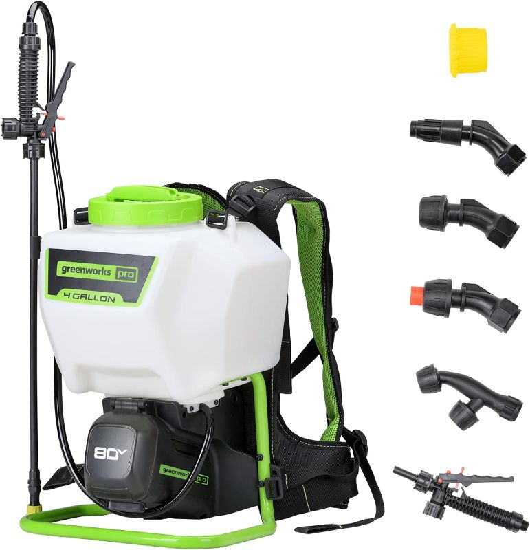 Photo 1 of Greenworks Backpack Sprayer 4 Gallon,Battery Powered 70PSI Backpack Sprayer. for Weeding, Spraying, Pest Control. Tool Only