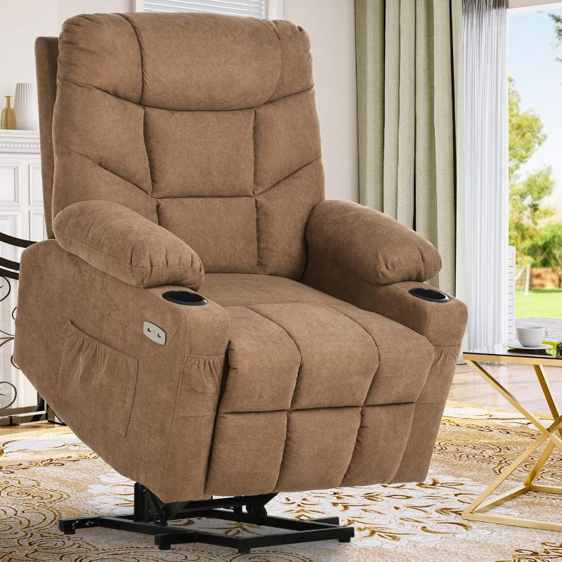 Photo 1 of Electric Power Lift Recliner Chair for Elderly, Fabric Recliner Chair with Massage and Heat, Spacious Seat, USB Ports, Cup Holders, Side Pockets, Remote Control (Brown)