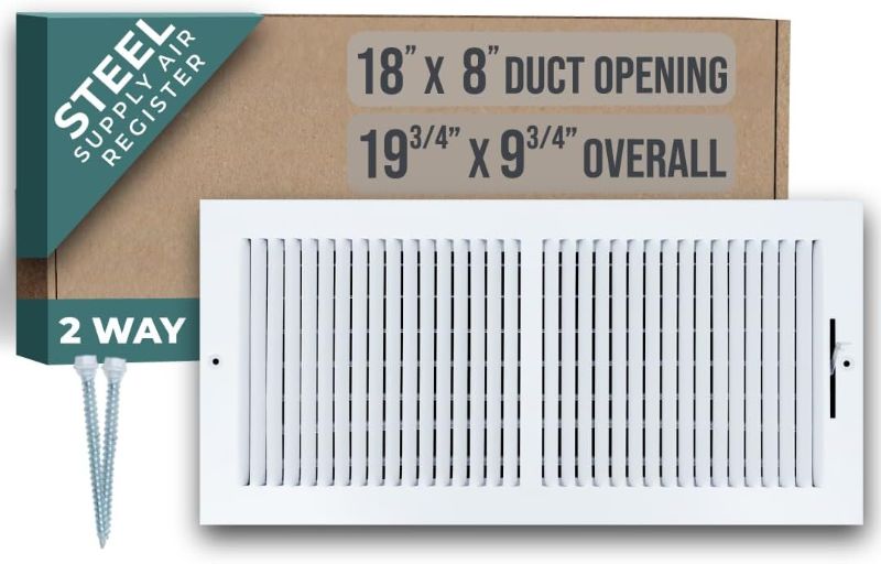 Photo 1 of Handua 18"W x 8"H [Duct Opening Size] 2 Way Steel Air Supply Diffuser | Register Vent Cover Grill for Sidewall and Ceiling | White | Outer Dimensions: 19.75"W X 9.75"H for 18x8 Duct Opening
