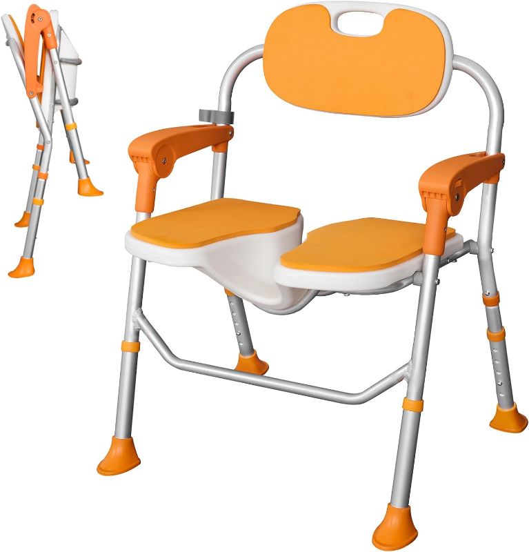 Photo 1 of Shower Chair for Inside Shower with Non-Slip Feet Shower Seat Cutout for Private Washing, 5-Level Adjustable Height Shower Chair with Arms and Back - for Elderly, Disabled, Pregnant, Adult
