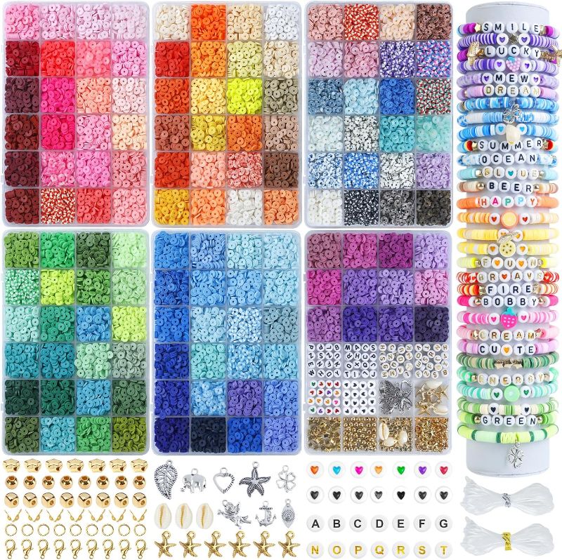 Photo 1 of  132 Colors Clay Beads Bracelet Making Kit, Beads for Friendship Bracelets Kit for Jewelry Making with Letter Beads and Flat Heishi Clay Bead Bracelet Kit for Girls Gift