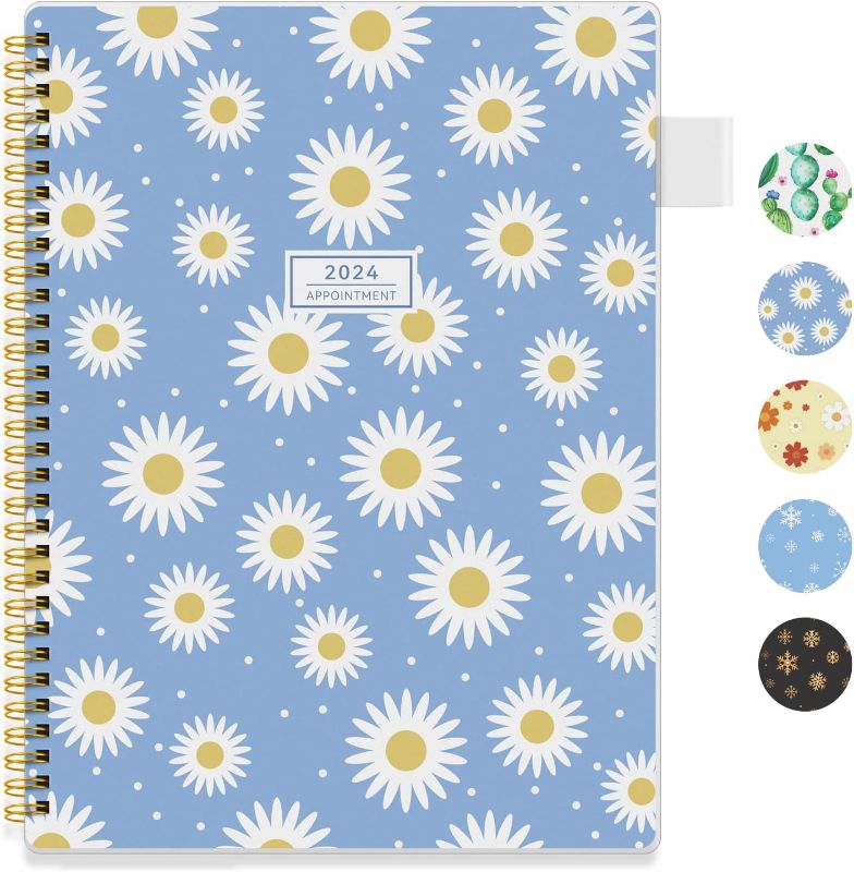 Photo 1 of 2pc Appointment Book 2024 Weekly & Monthly Planner 8.5"x11", Large Schedule Planner 2024 Daily Hourly Planner Appointment with Spiral Bound, 15 Minute Increments, Tabs, Pocket, Blue Daisy
