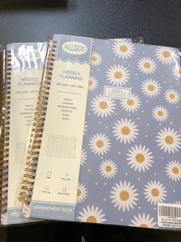 Photo 2 of 2pc Appointment Book 2024 Weekly & Monthly Planner 8.5"x11", Large Schedule Planner 2024 Daily Hourly Planner Appointment with Spiral Bound, 15 Minute Increments, Tabs, Pocket, Blue Daisy
