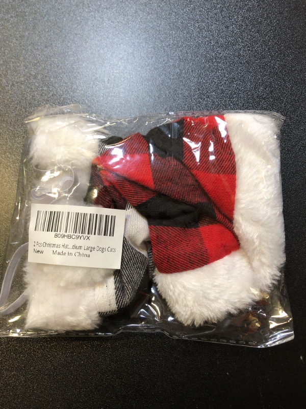 Photo 2 of 2 Pcs Christmas Hat Pet Hat Plaid Santa Hat Xmas Classic Buffalo Plaid Pet Cat Dog Hat Plush Fabric Christmas Decoration Accessories for Small Medium Large Dogs Cats