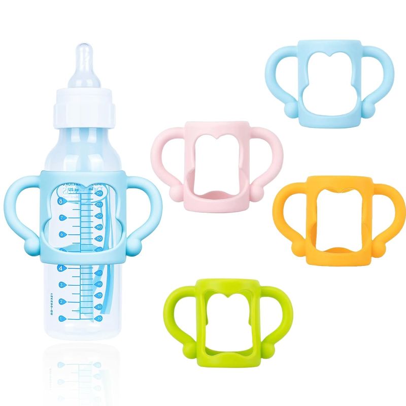 Photo 1 of 4 PCS Baby Silicone Bottle Handles, Soft Silicone Bottle Holder for Baby Self Feeding Curved Lightweight Handle Easy for Baby's Small Hands to Grasp Suitable for Bottle(Blue, Green, Pink, Orange)
