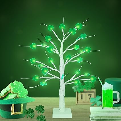 Photo 1 of 18 Inch Shamrock Tree Lights St Patricks Day Decorations with Timer, Saint Patricks Day Decor Lighted Tree with 24 LED Shamrock Lights, Battery Operated St. Patrick's Day Lights for Home Table Party

