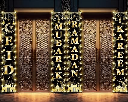 Photo 1 of 2 In 1 Ramadan and Eid Door Banner Lighted Decorations Eid Mubarak Door Sign Ramadan Kareem Black Gold Porch Banners with Lights Islam Hanging Sign for Indoor Outdoor Muslim Party Supplies
