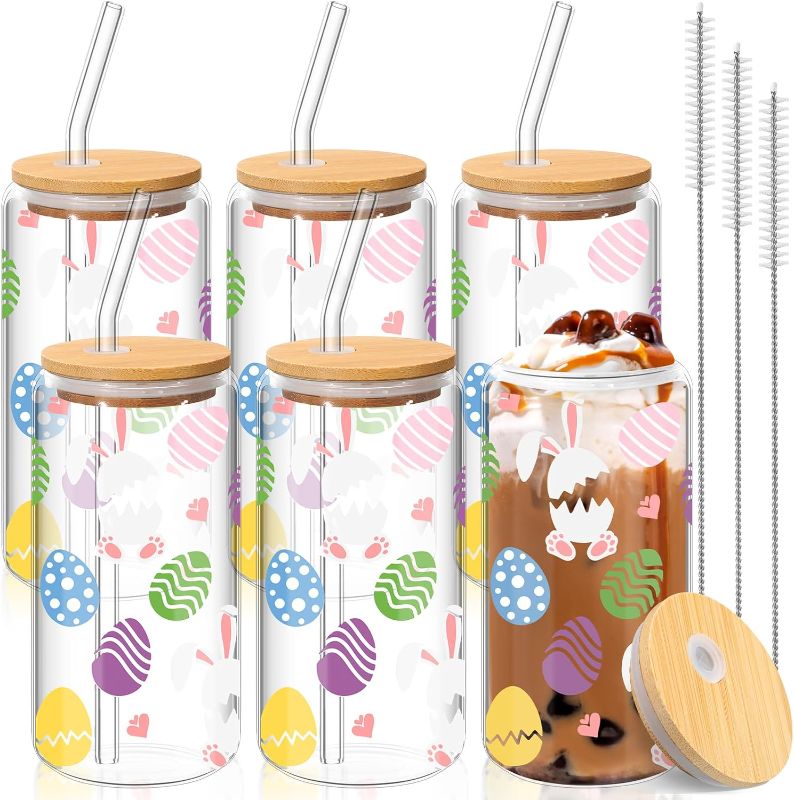 Photo 1 of 6 Pcs 16 Oz Drinking Glass Beer Can Shaped Glass Cup Set Glass Gift for Her Tumbler with Bamboo Lids Glass Straw and Cleaning Brushes for Cocktails Whiskey Beer Soda (Easter)
