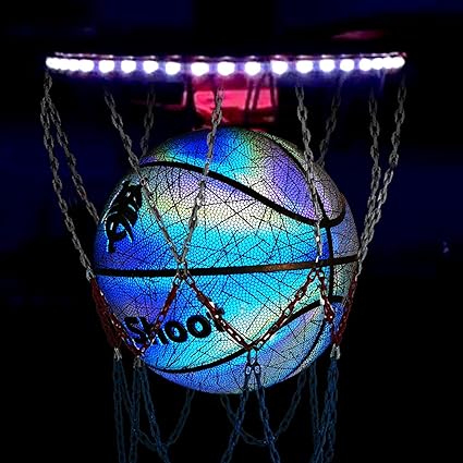 Photo 1 of Holographic Basketball Size 7, Glowing Leather Basketball with Pump, Indoor Outdoor Night Basketball Gifts (29.5in)
