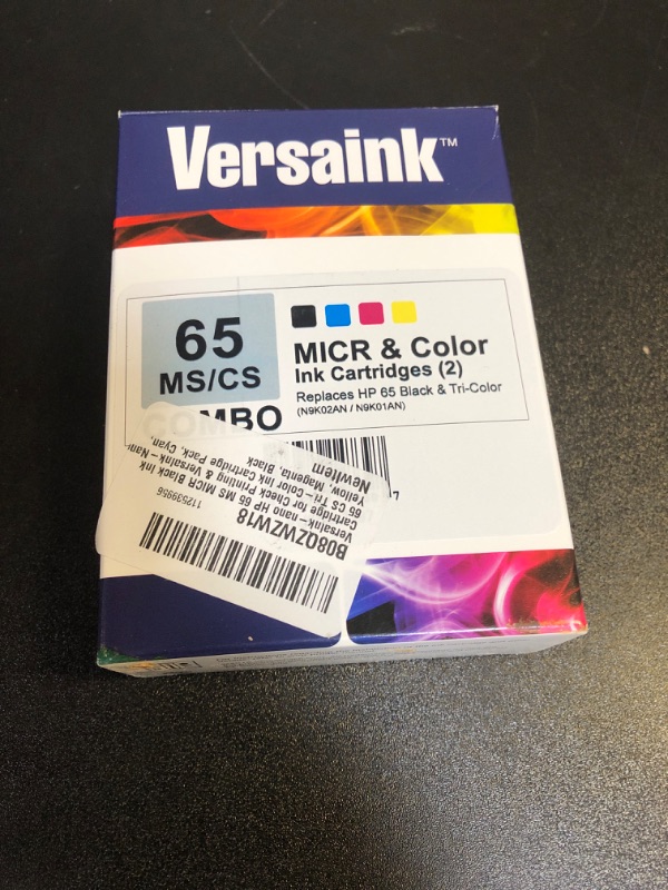Photo 1 of VersaInk-nano HP 65 MS MICR Black Ink Cartridge for Check Printing & VersaInk-Nano 65 CS Tri-Color Ink Cartridge Pack, Cyan, Yellow, Magenta, Black