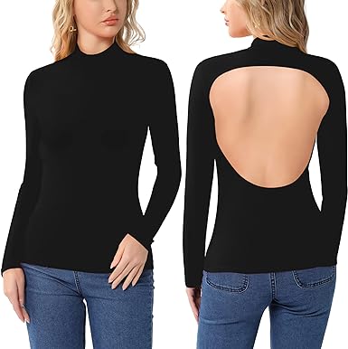 Photo 2 of HERLOLLYCHIPS Womens Tops Long Sleeve Mock Neck Backless Fitted Sexy Shirts Tee T-Shirts Tshirts
size large