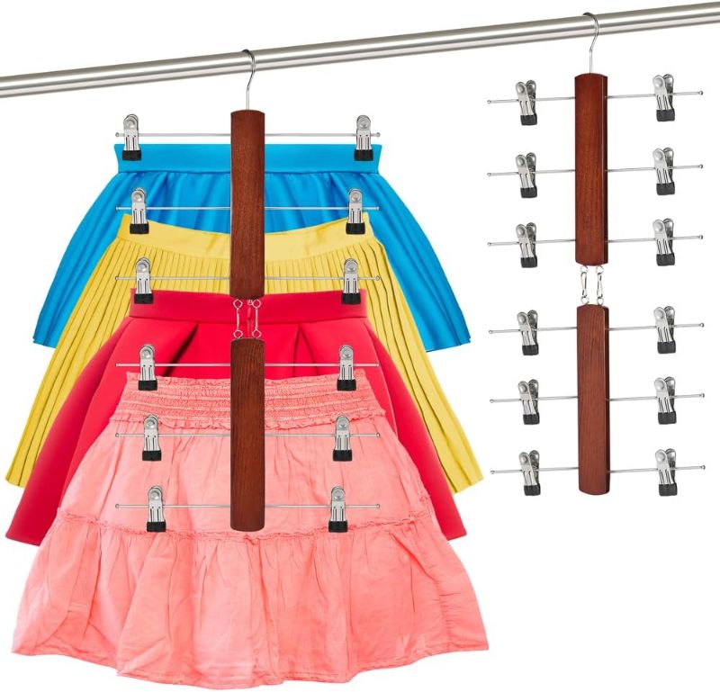 Photo 1 of 6 Tier Pants Hangers Space Saving - Wood Scarf Hangers for Closet Organizer - Space Saving Hangers & Skirt Hangers with Clips - Pants Rack Leggings Hanger Space Saver (2 Pack)
