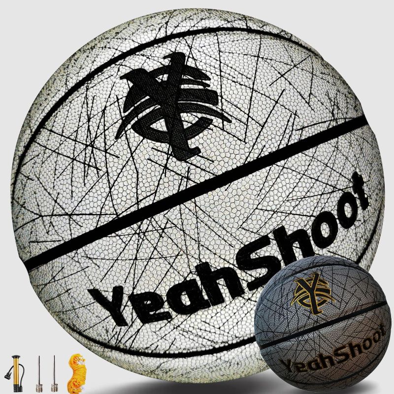 Photo 1 of Holographic Basketball Size 7, Glowing Leather Basketball with Pump, Indoor Outdoor Night Basketball Gifts (29.5in)
