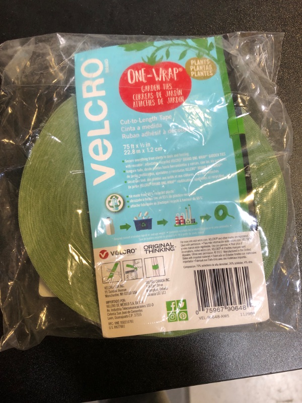 Photo 1 of VELCRO Brand 90648 ONE-WRAP Garden Ties | Plant Supports for Effective Growing | Strong Grips are Reusable and Adjustable | Cut-to-Length, 75 ft x 1/2 in, Green-Recycled Plastic 75 ft x 1/2 in Green - Recycled Plastic