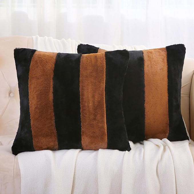Photo 1 of Black and Brown Striped Decorative Throw Pillow Covers 26x26 Inch Set of 2,Fall Decorations for Home,Furry Faux Rabbit Fur/Soft Velvet,Large Euro Pillow Shams,Modern Decor for Couch
