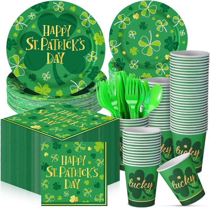 Photo 1 of 210 Pcs Happy St Patrick's Day Party Supplies Plates Napkins Cups Irish Shamrock Party Disposable Paper Dinner Dessert Plates Shamrock Napkins Beverage Green Cups Plastic Fork Set (Lucky)
