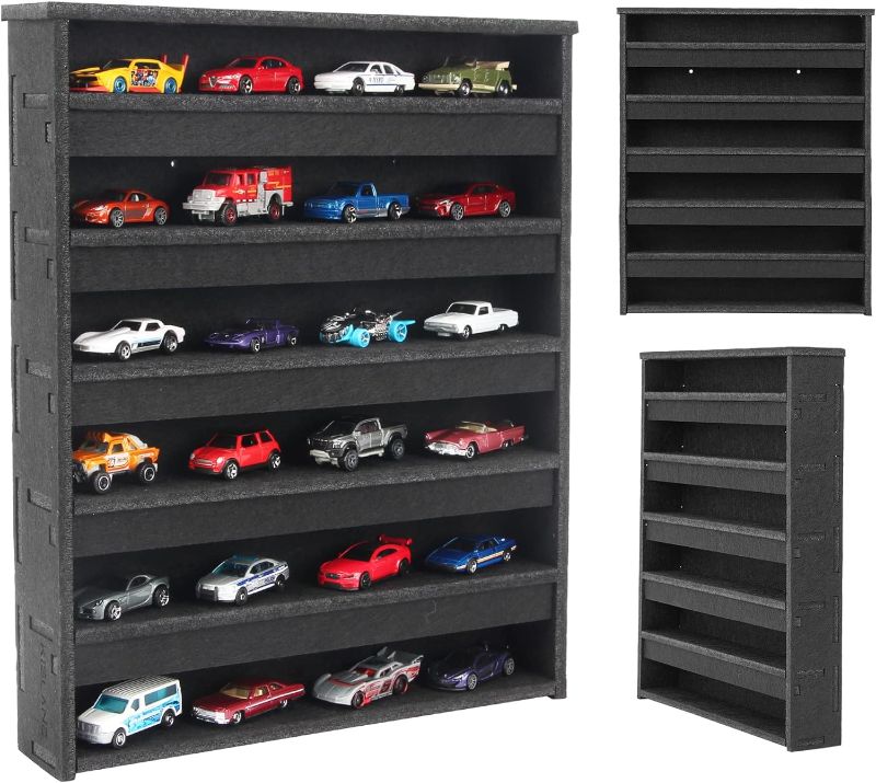 Photo 1 of KISLANE Assemblable Kids Display Case Compatible with Hot Wheels, Display Case Fit for Hot Wheels Case & Matchbox Cars, Wall-Mounted Storage Organizer Case (Black)
