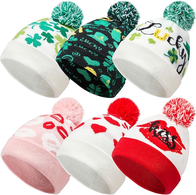 Photo 1 of 6 Pcs St Patrick's Day Hat Green Shamrock Beanie Knit Hat Heart Love Warm Hat for Men and Women
