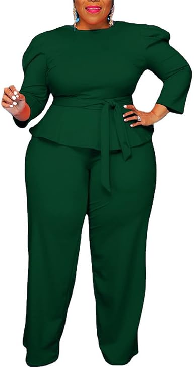 Photo 1 of IyMoo Plus Size 2 Piece Outfits for Women Puff Long Sleeve Peplum Tops + Wide Leg Pants Sets Clubwear
