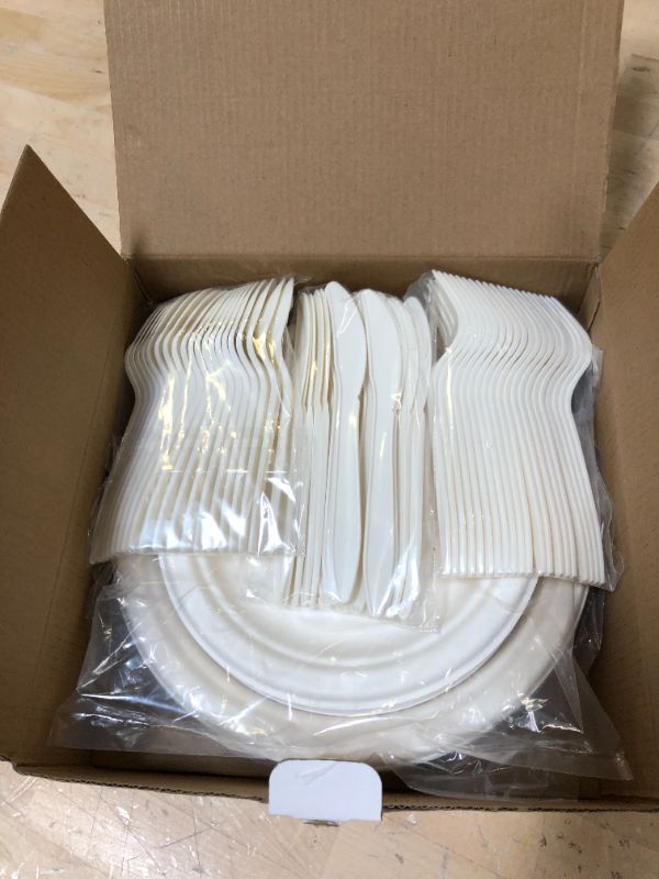 Photo 2 of 100pcs White Paper Plate Set, Compostable Disposable Paper Plates for 20 Guests, Disposable Dinnerware Set Includes 20 Biodegradable Plates, Forks, Knives and Spoons for Christmas Party Camping