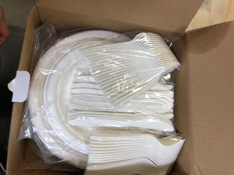 Photo 2 of 100pcs White Paper Plate Set, Compostable Disposable Paper Plates for 20 Guests, Disposable Dinnerware Set Includes 20 Biodegradable Plates, Forks, Knives and Spoons for Christmas Party Camping