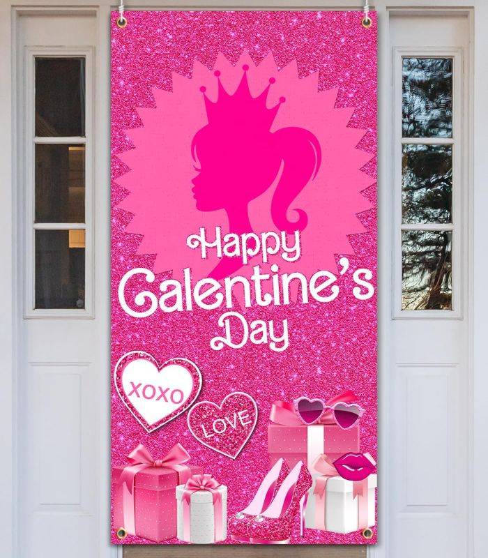 Photo 1 of Galentines Day Door Cover,Glitter Hot Pink Happy Galentines Day Banner for Door Happy Galentine Day Supplies Front Door Love Princess Girl Theme Photo Booth Door Backdrop for Galentine Party Decor
