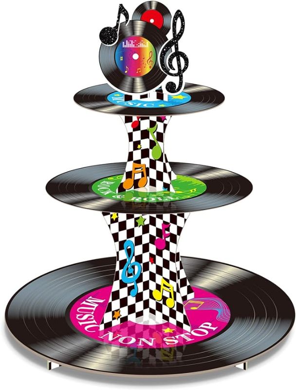 Photo 1 of 3 Tier 1950's Rock and Roll Music Party Decorations Record Cupcake Stand Vinyl Record Cupcake Holder Music Not Stop Dessert Tower for 50s Retro Theme Music Party Supplies