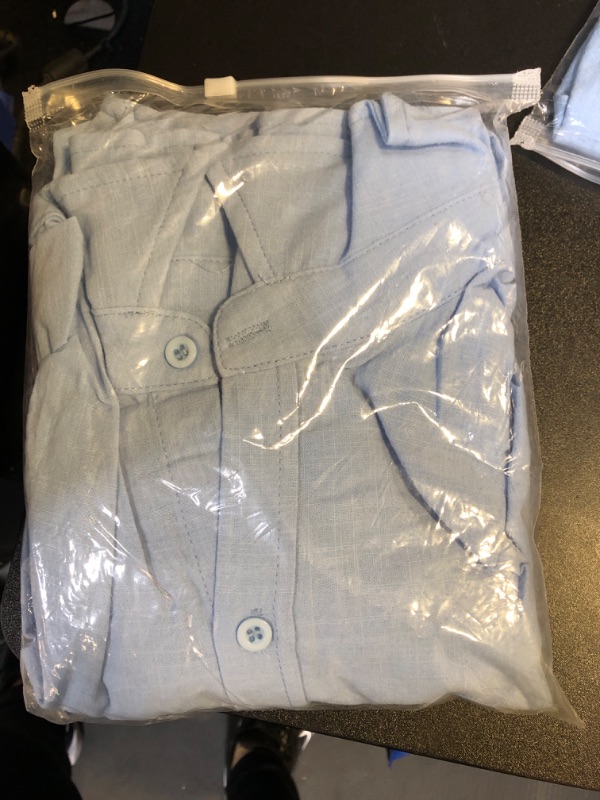 Photo 2 of Mens Button Down Shirts Casual Short Sleeve Linen Tops Cotton Lightweight Fishing Tees Spread Collar Plain Shirt XX-Large 01 Sky Blue