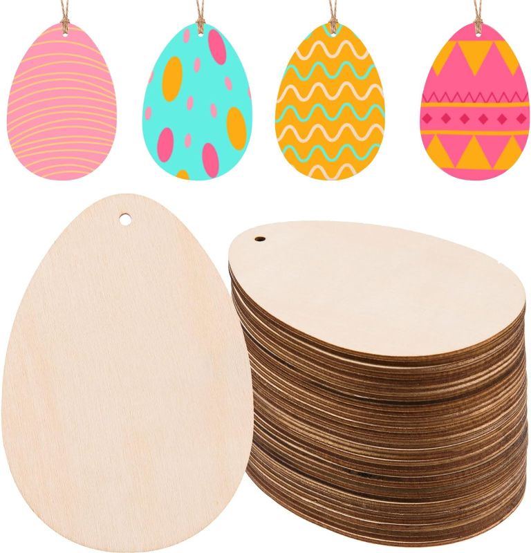 Photo 1 of 100Pcs Wooden Easter Egg Cutouts with Hole Unfinished Wood Egg Hanging Ornaments Blank Wooden Egg Slices with 32.8 Feet Twine for DIY Crafts Gift Tags Spring Easter Party Decoration,3.94x2.76"
