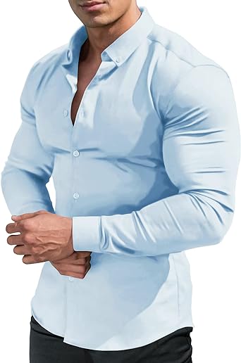Photo 1 of URRU Men's Muscle Dress Shirts Slim Fit Stretch Long&Short Sleeve Casual Button Down Shirt
size small 
