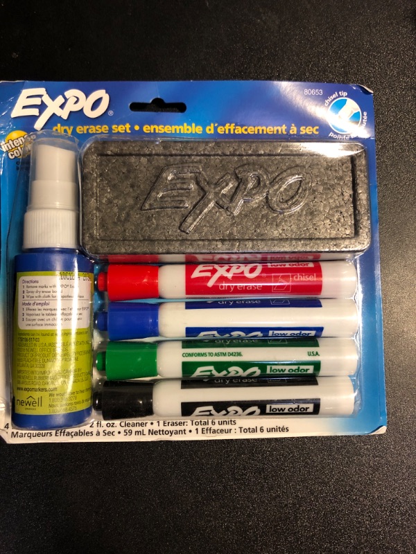 Photo 2 of EXPO Low Odor Dry Erase Marker Starter Set, Chisel Tip, Assorted, Whiteboard Eraser, Cleaning Spray, 6 Count Chisel Tip Markers